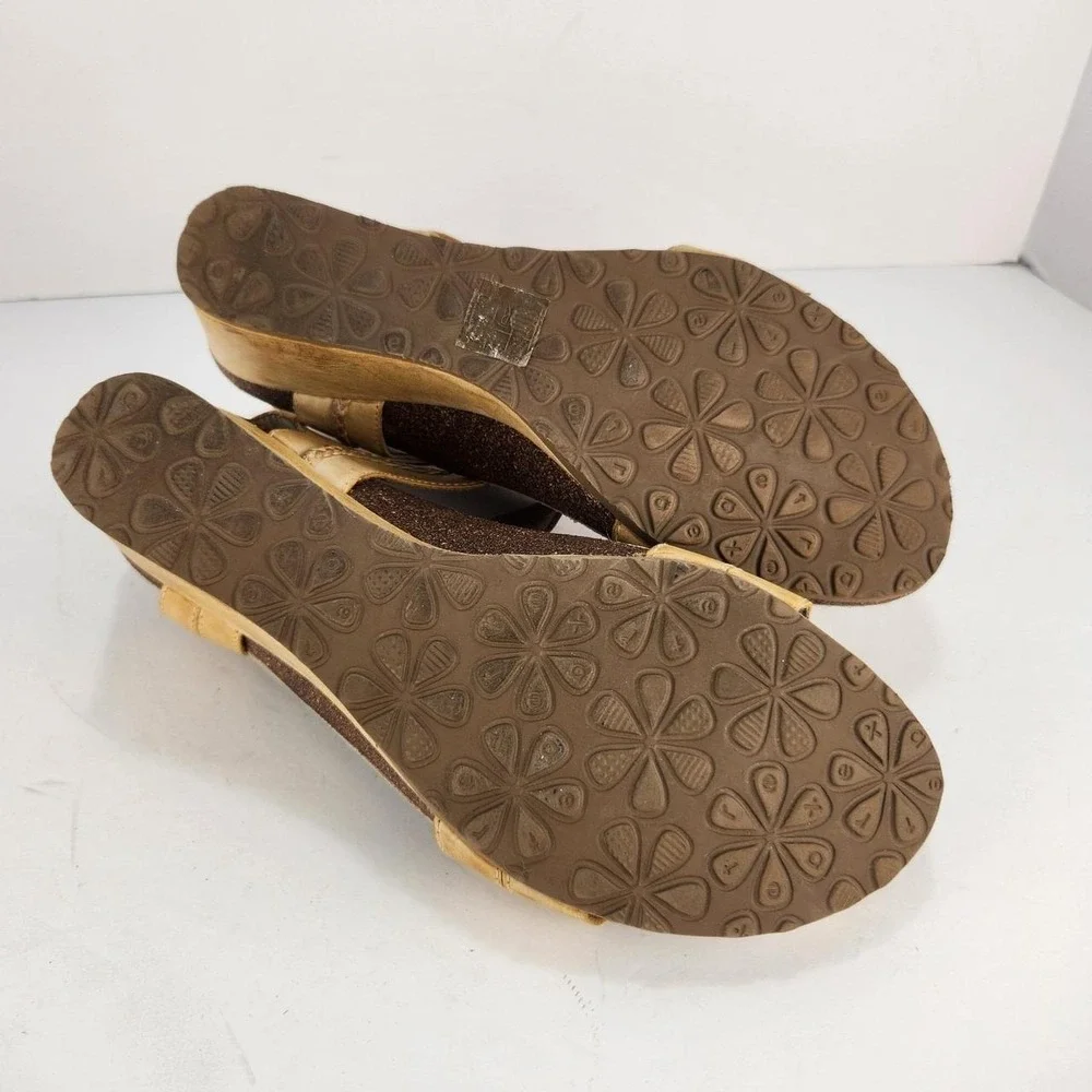 Aetrex Jillian Women's Size 10 Tan Leather Wedge Sandals Adjustable Comfort